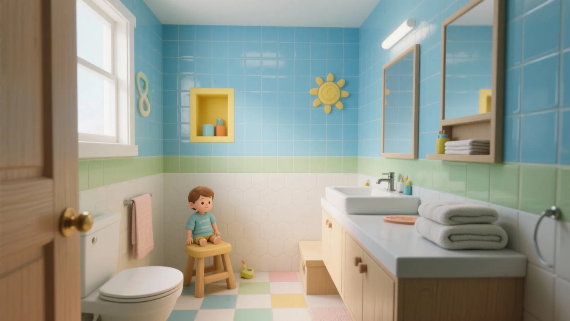 Bright kids bathroom with blue wall tiles a child on stool and white sink vanity