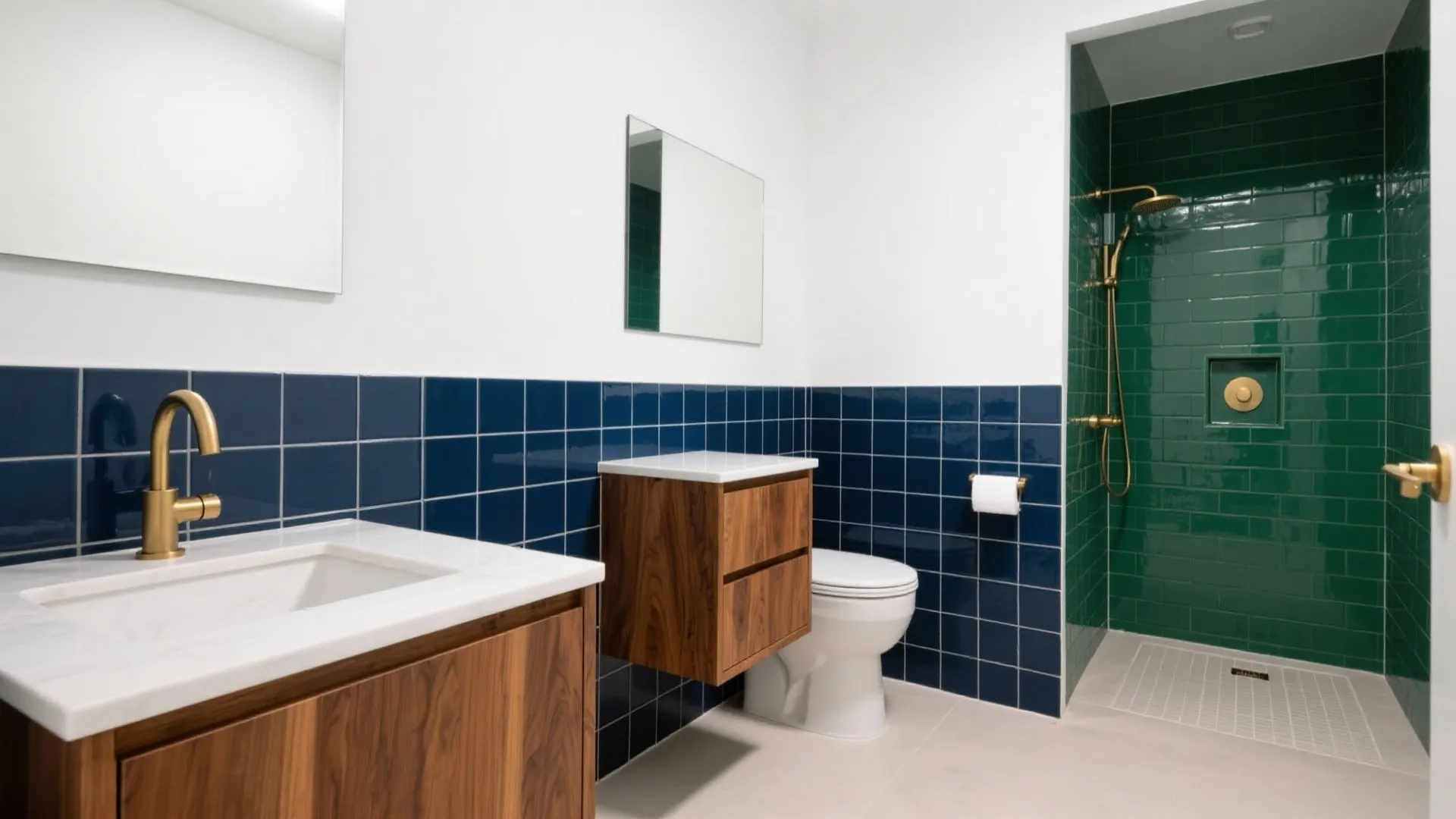 Bathroom interior design featuring blue and green wall tiles with wood cabinet and gold faucet