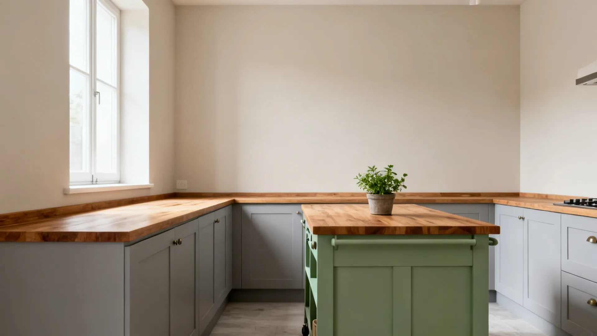 Small kitchen with pale gray lowers, muted green accent, and warm wood counters.