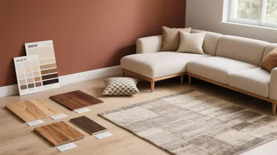 Warm-Toned Living Room with Wood Floor Samples