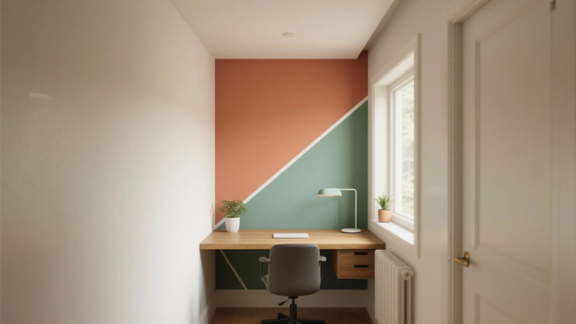 Home office with wood desk chair and wall painted in orange and green diagonal block patterns
