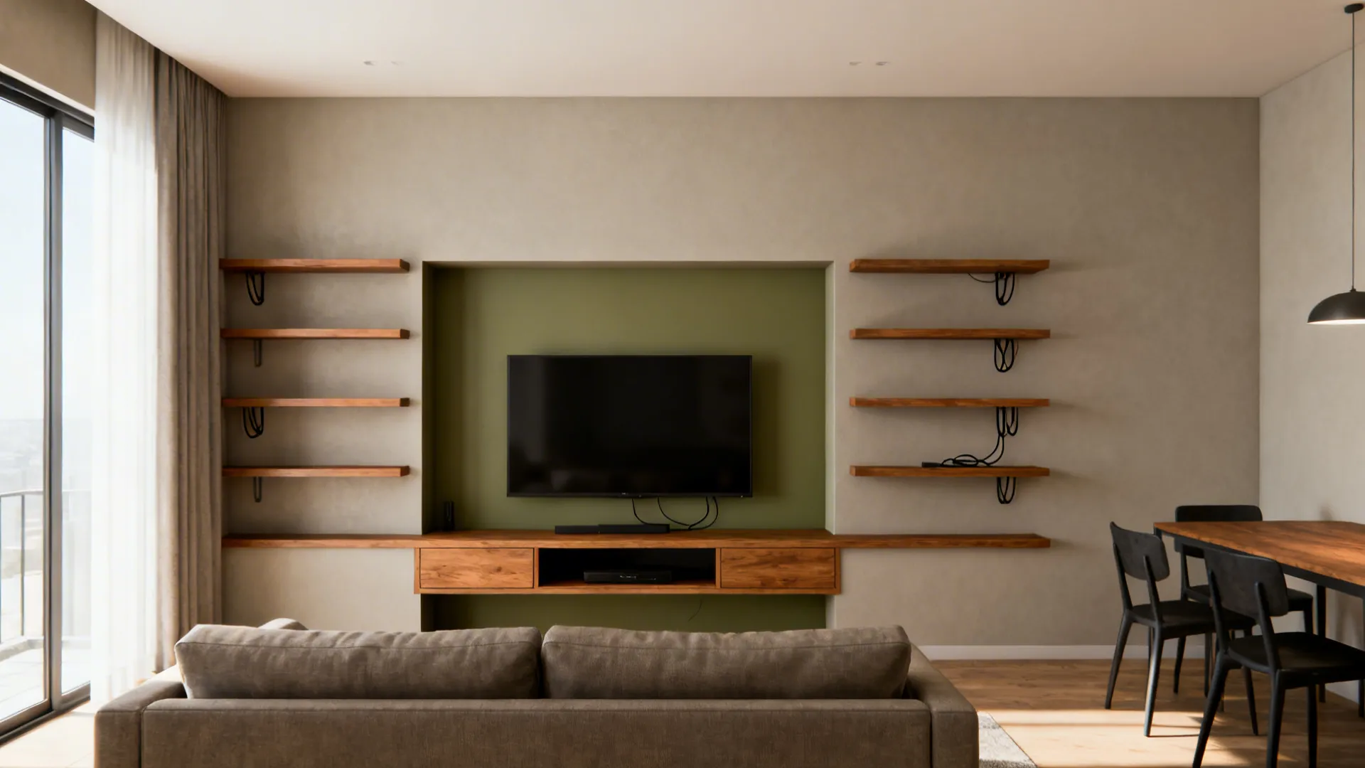 Modern living room with a green wall behind the television wooden shelves and a dining area