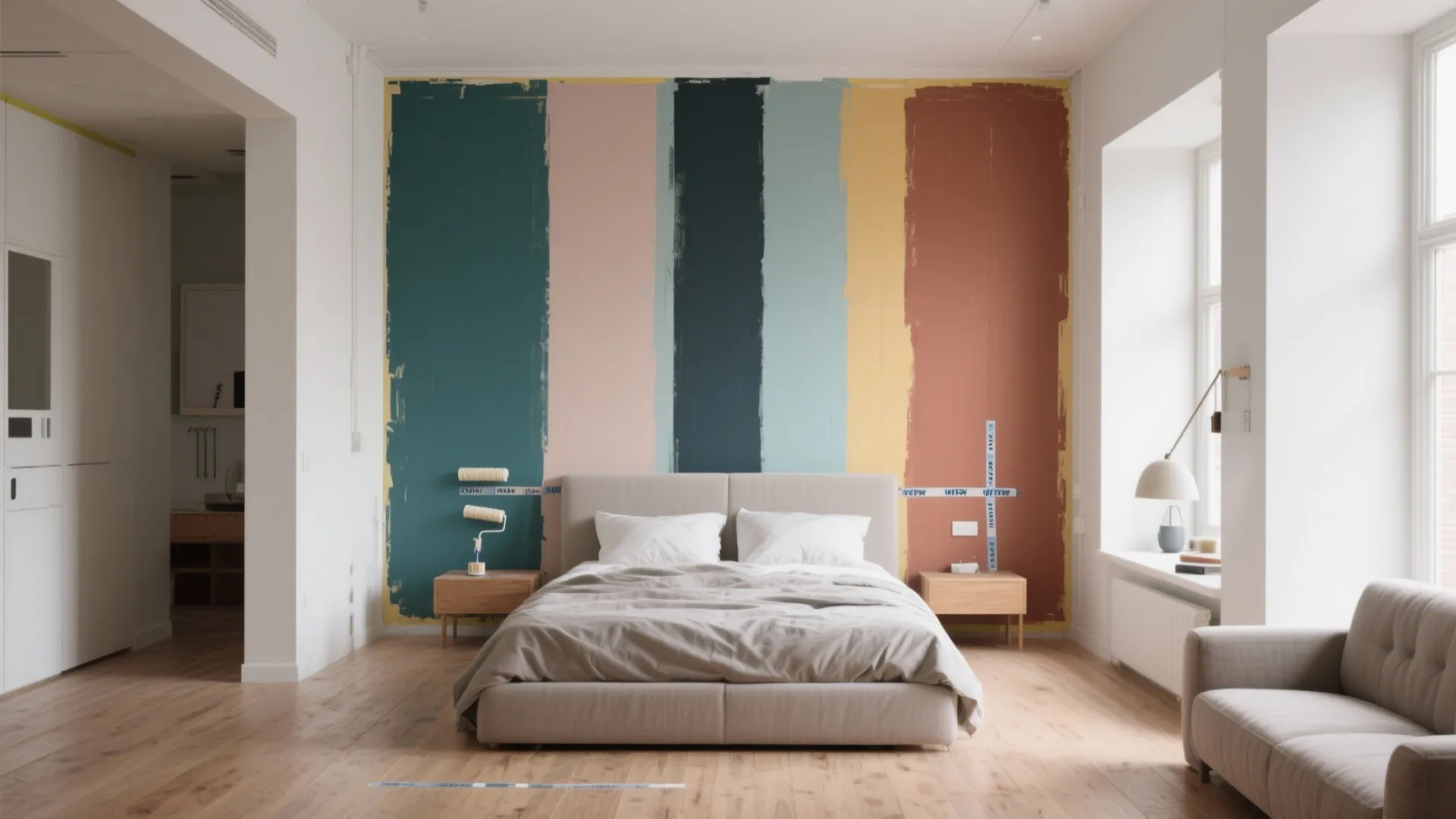 Open-plan studio with vertical layered color blocks painted behind the bed creating a headboard effect.
