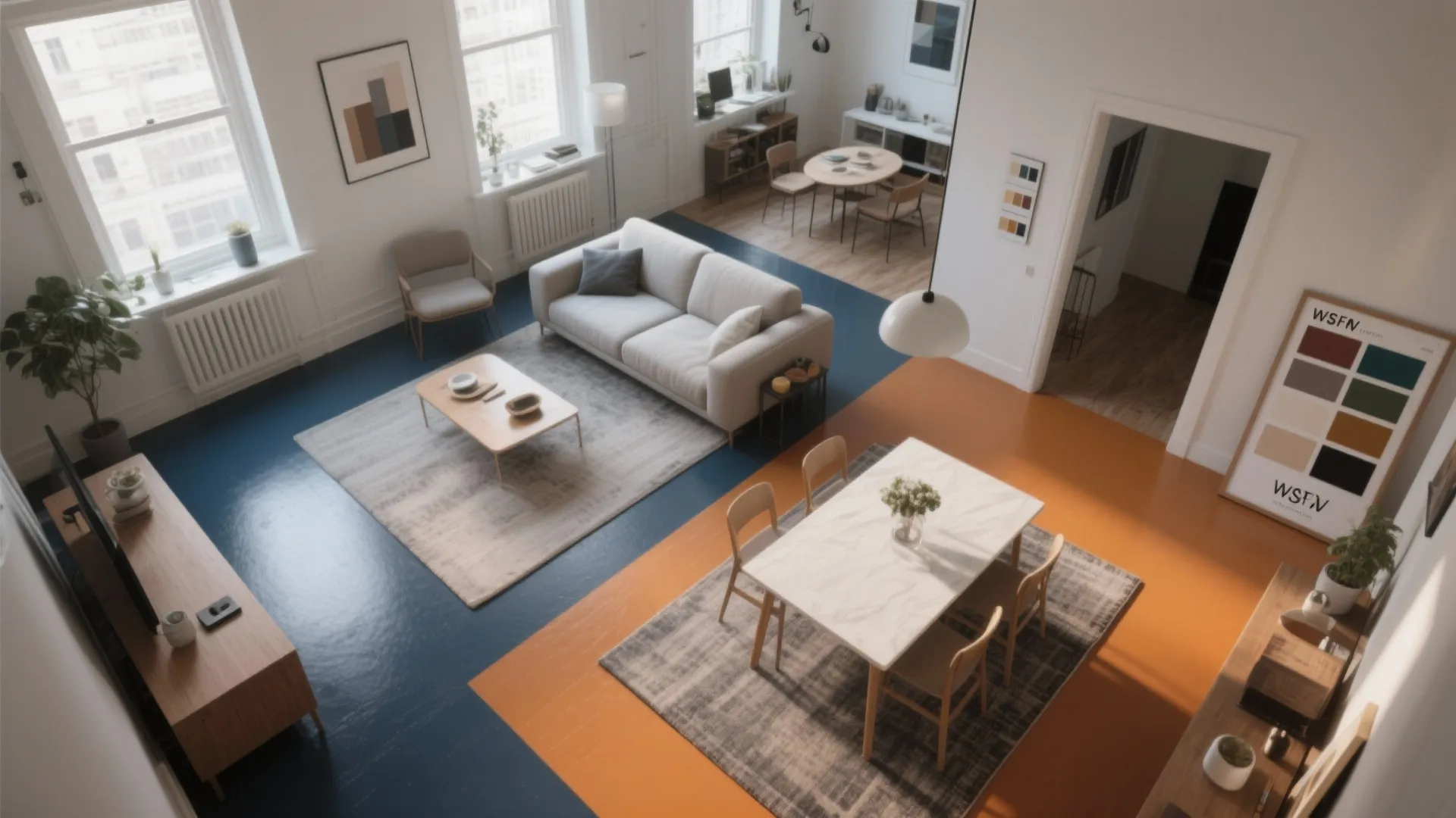 Modern open living room with blue and orange floor zones white sofa and dining table