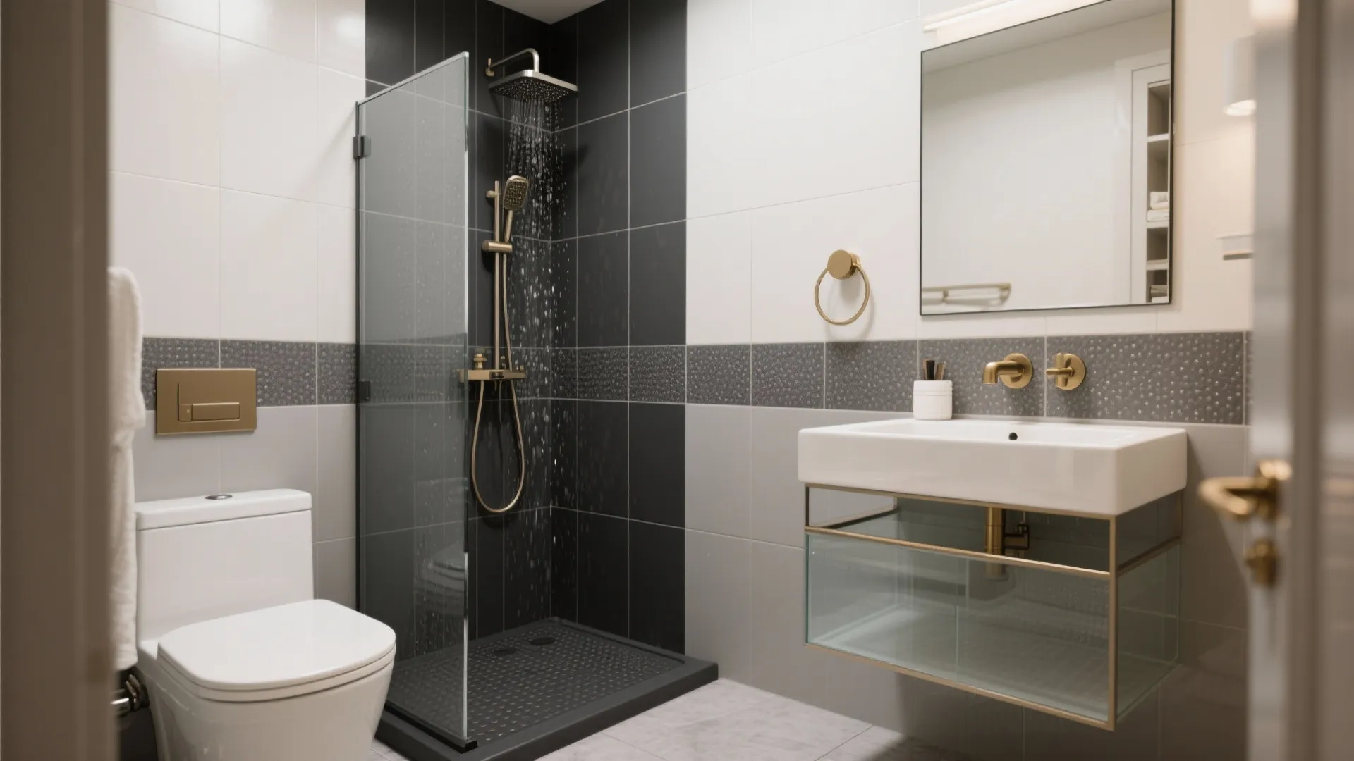 Modern bathroom with white and grey tiles featuring a walk-in shower sink and white toilet