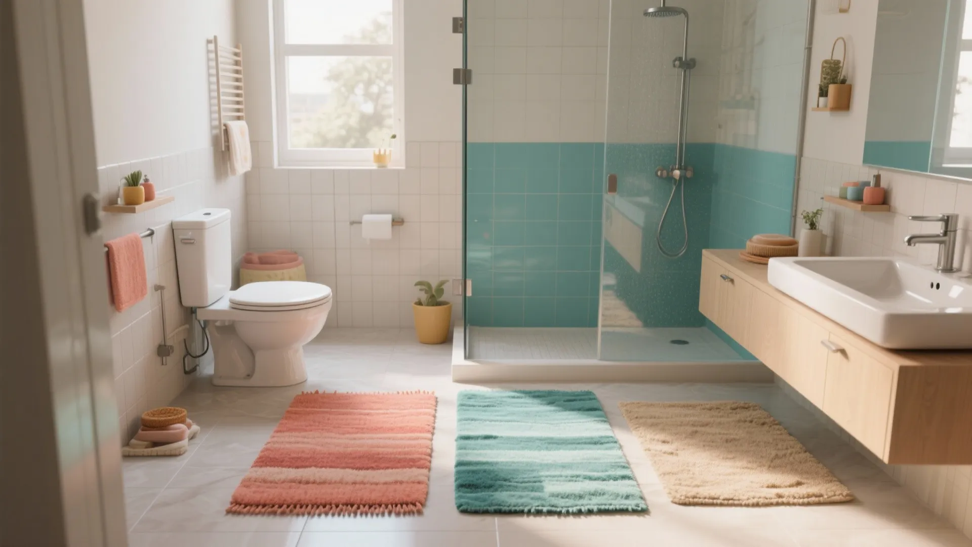 Compact bathroom with coral, teal, and sand rugs defining distinct zones.