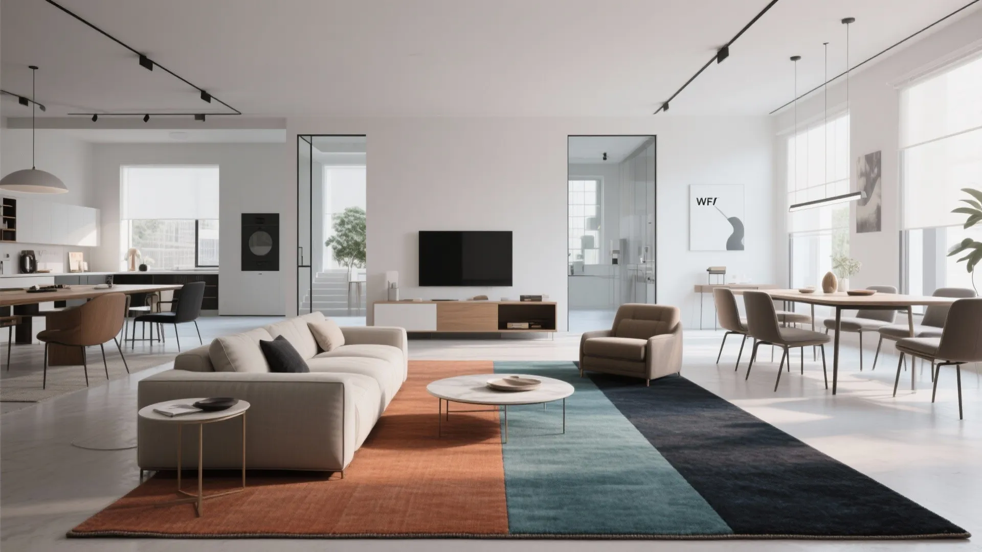 Two-color-block rug defining lounge and dining zones in an open-plan studio apartment