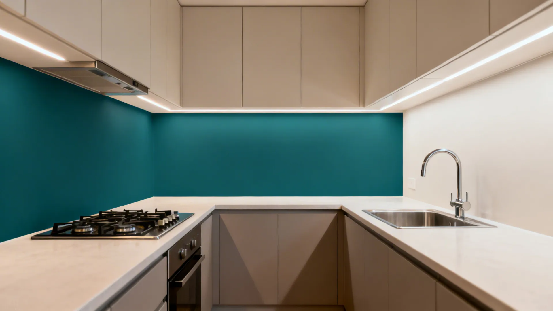 Deep teal and light color‑block sticker bands create zones in a narrow galley kitchen.