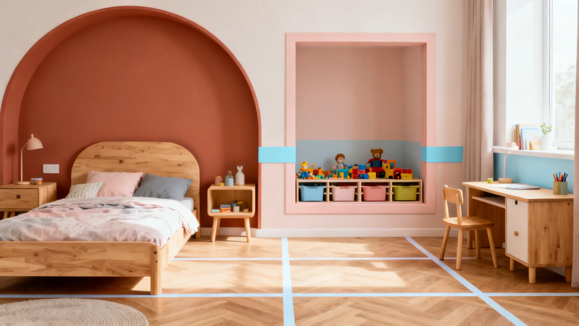 Kids’ room with terracotta arc at bed, blush play area rectangle, and pale blue desk band.