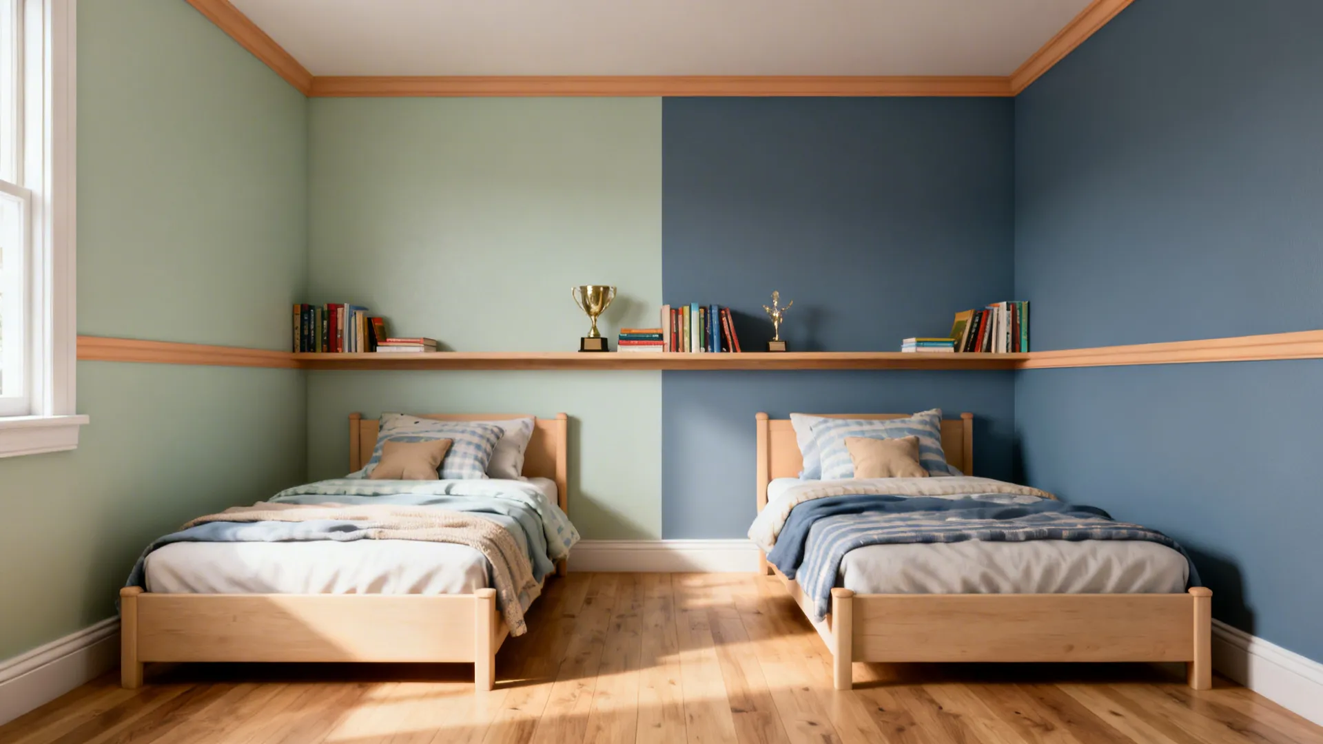 Color-blocked shared kids room with sage and denim walls joined by warm oat accents.