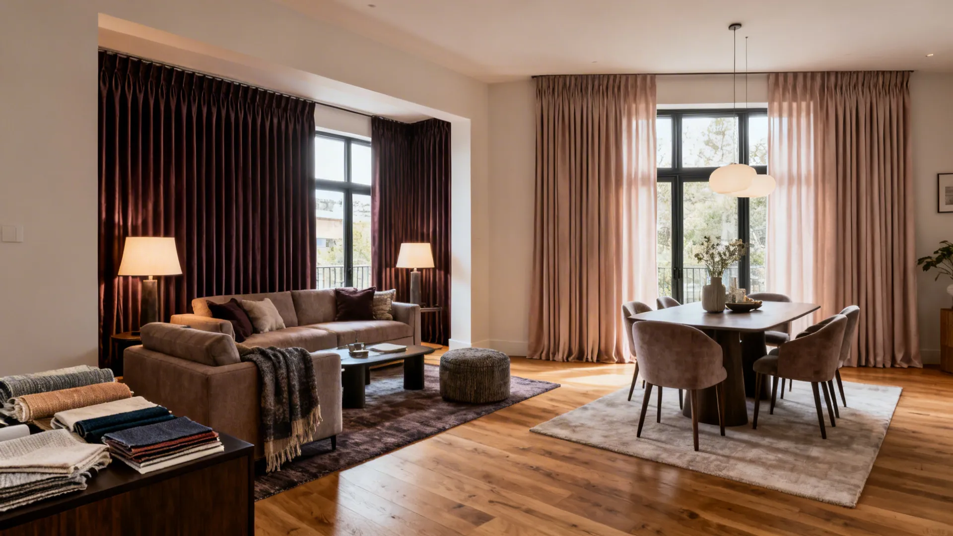 Open-plan living area using color-blocked pinch pleat curtains to visually zone seating and dining.