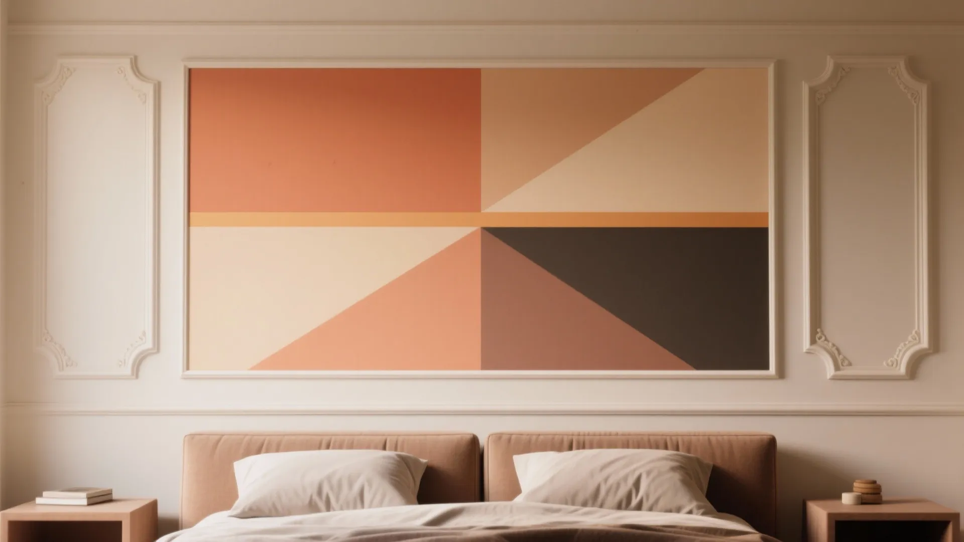 Accent wall behind a bed with color-blocked geometric shapes framed by decorative trim in muted terracotta and warm neutrals.