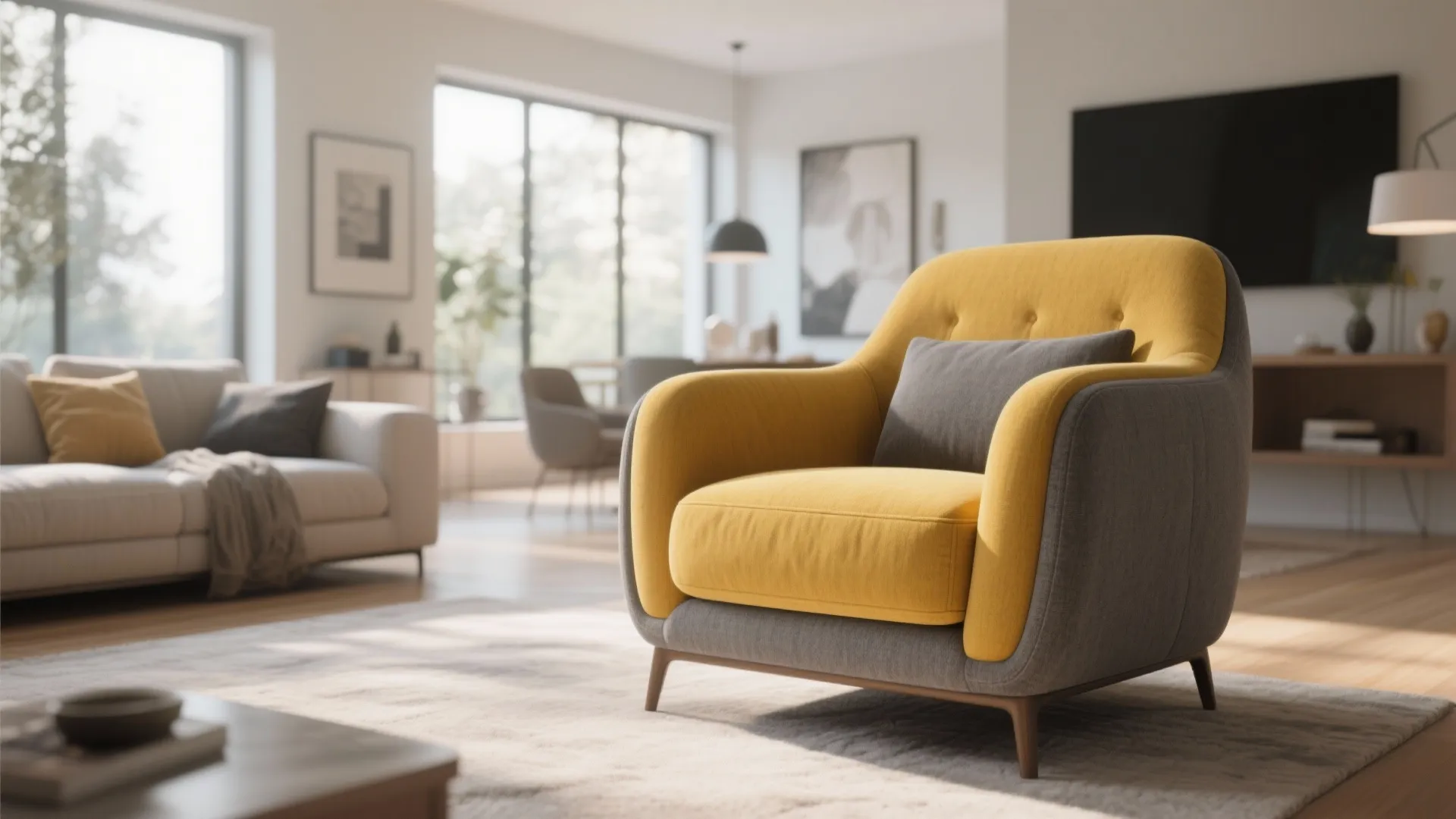 Color-blocked mustard and grey fabric armchair in a modern living room