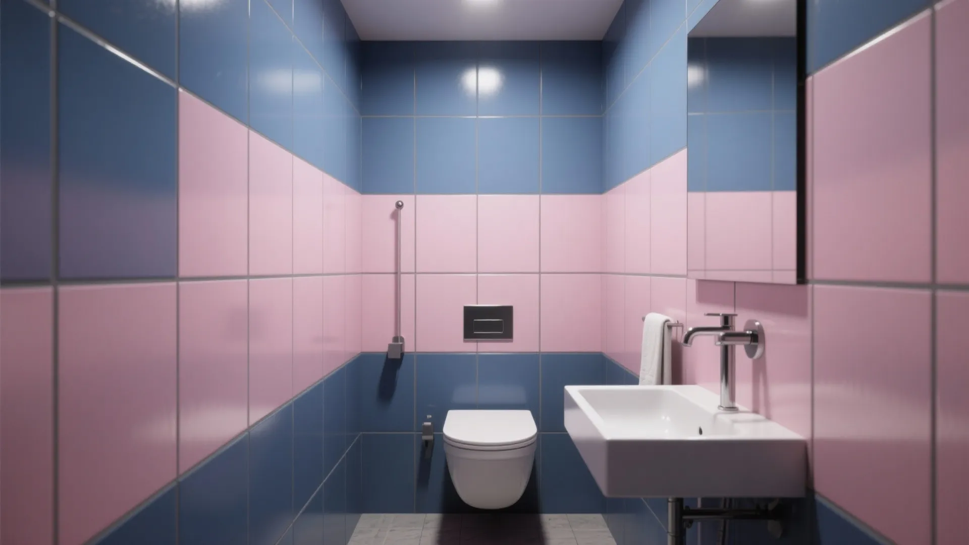 Modern bathroom with pink and blue wall tiles white toilet small sink and silver water tap