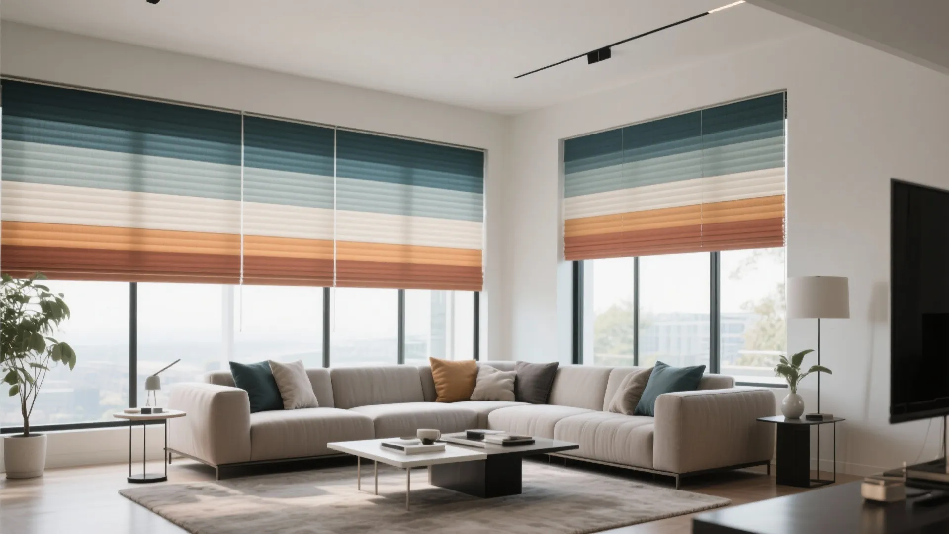 Living room with custom color-blocked blinds matching the sofa