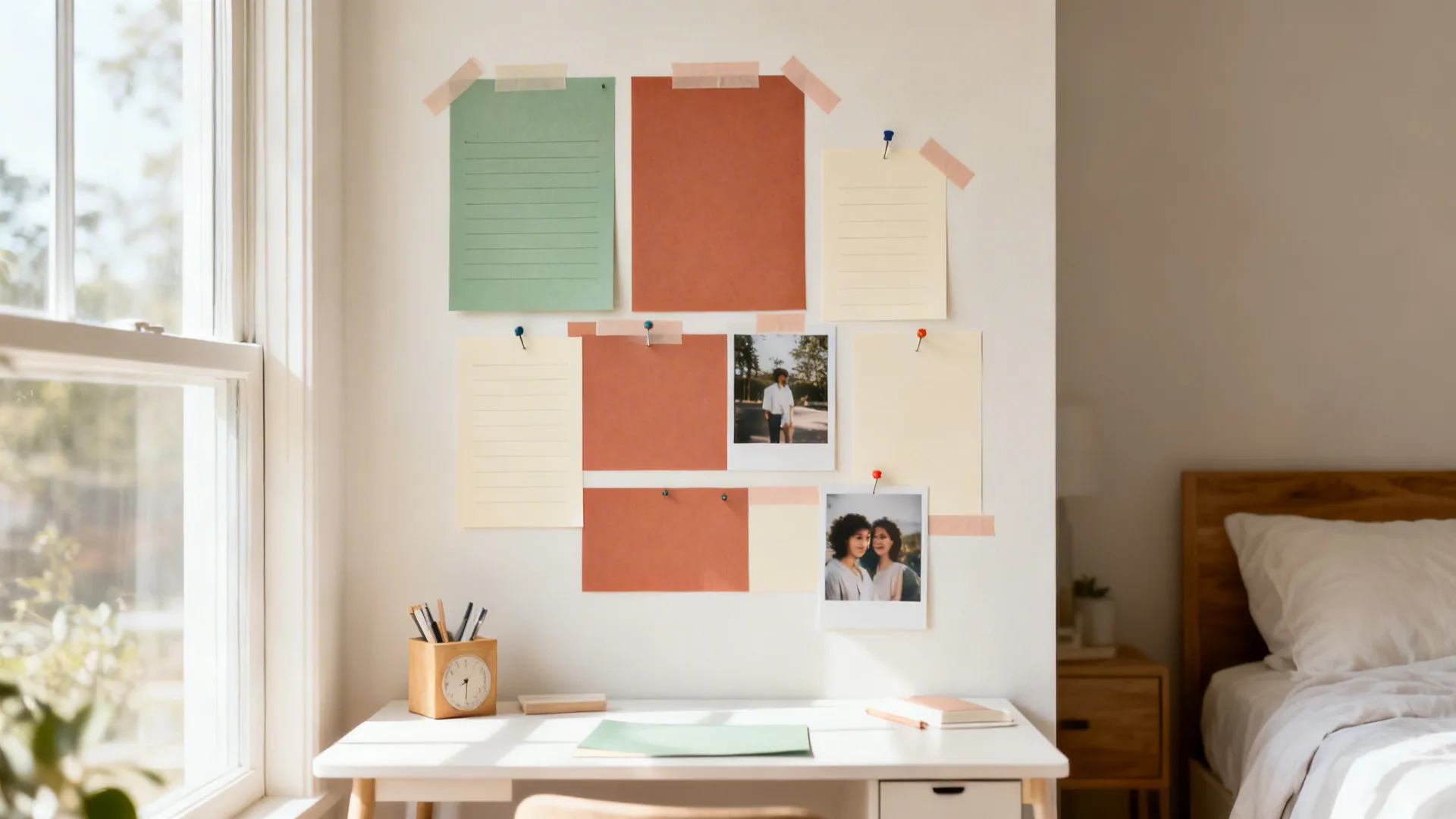 White desk with colorful papers and photos on the wall next to a wooden bed