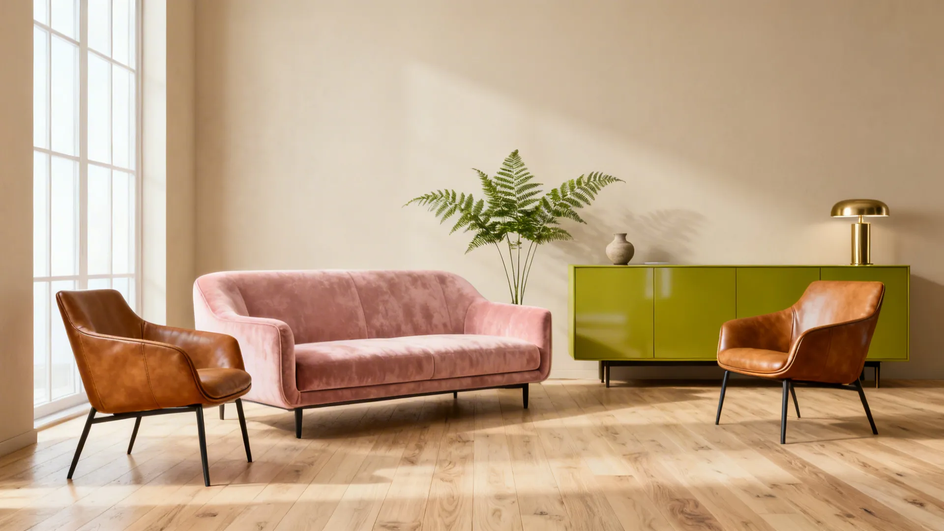 Blush sofa with leather chairs and a chartreuse sideboard as bold furniture accents