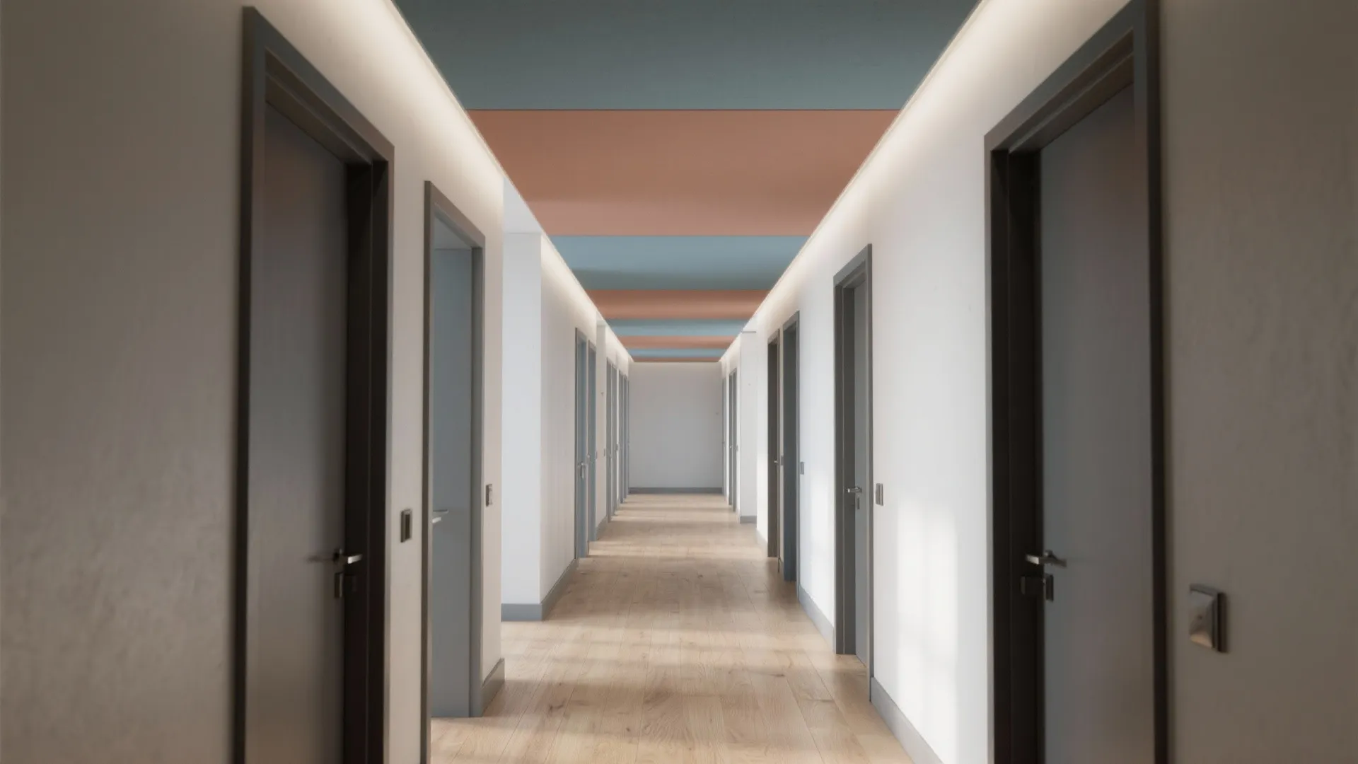 Modern long hallway with wooden flooring white walls and colorful blue and pink ceiling blocks