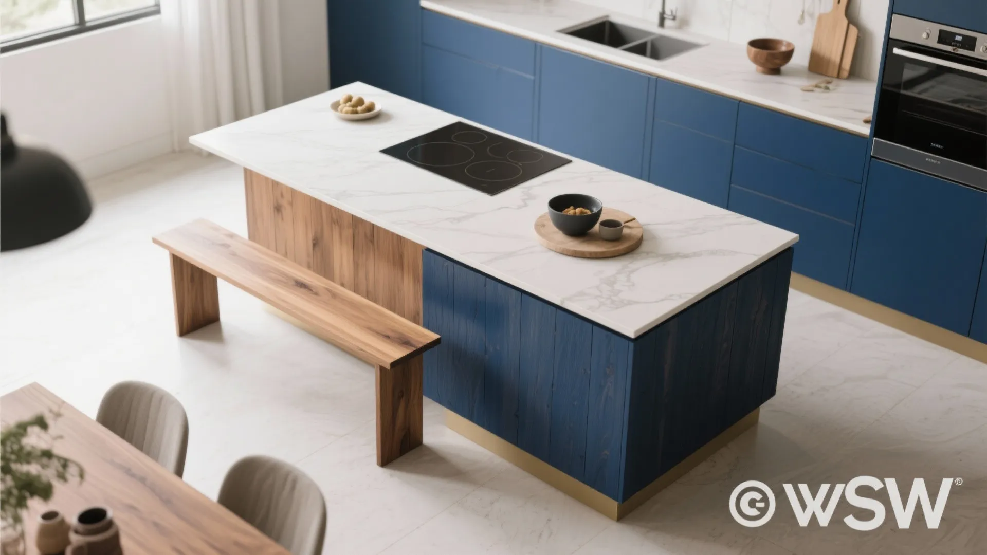 Colour-blocked kitchen island material palette