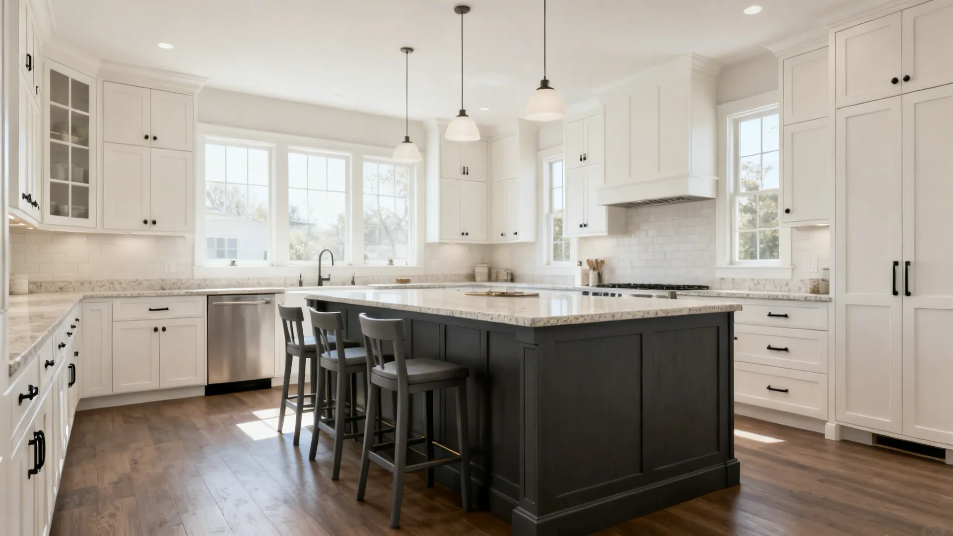 White kitchen with dark grey island three ceiling lights large windows and warm wood floors