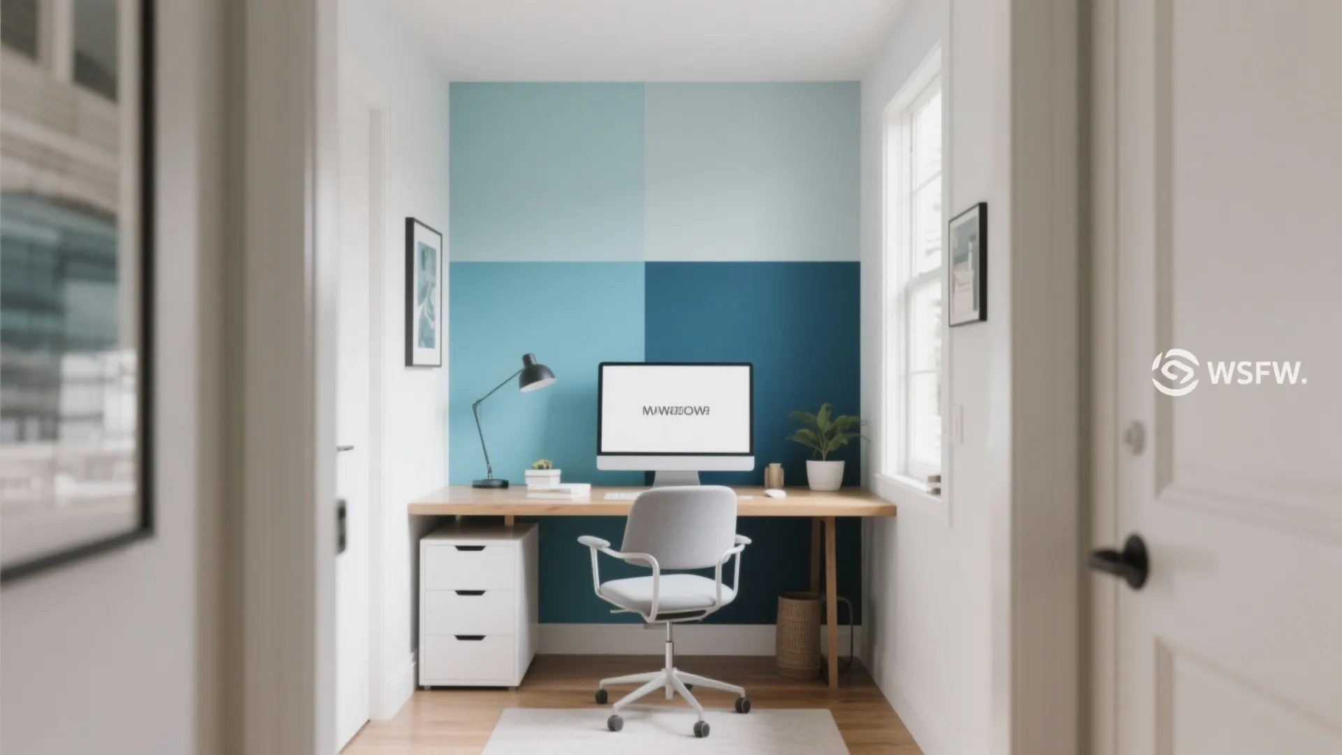 Small home office with blue color block wall paint and a simple wood desk setup