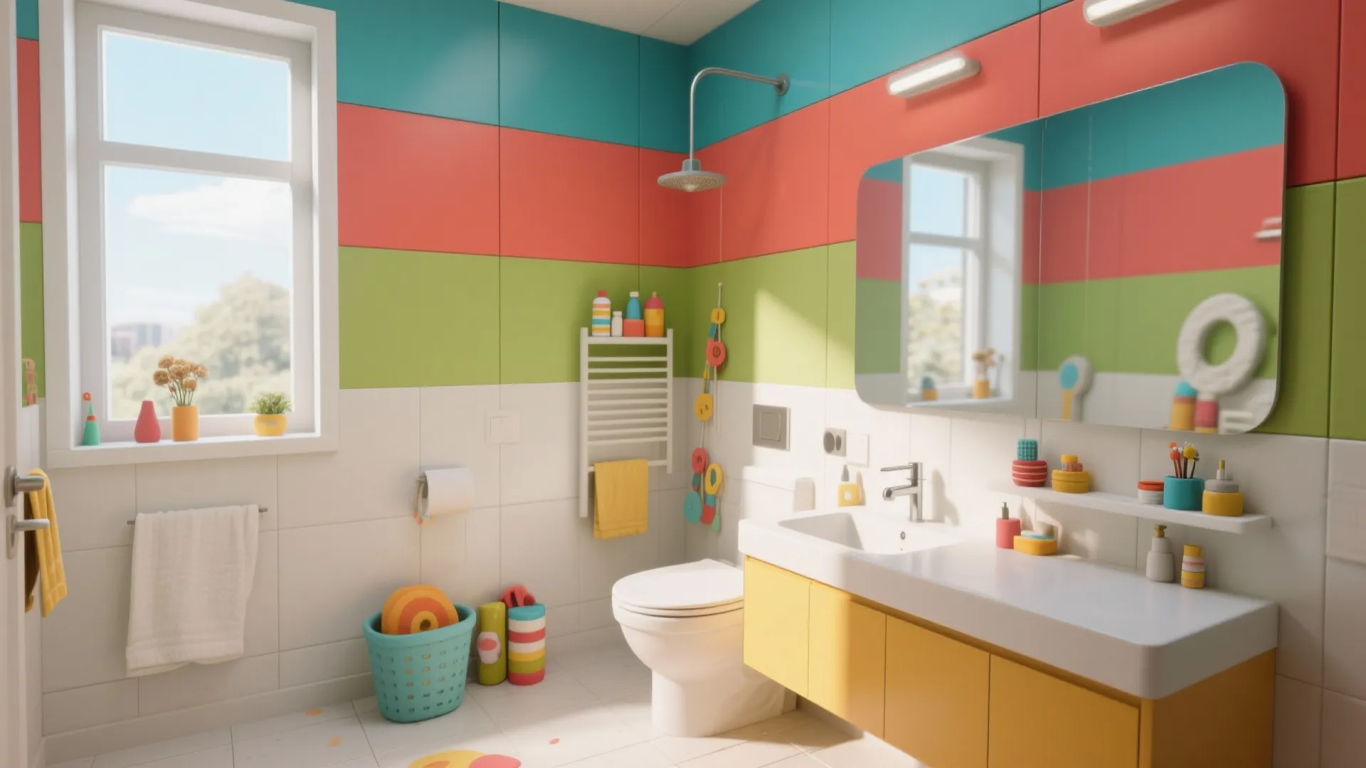 Colorful kids bathroom with blue red and green wall panel design plus yellow sink cabinet