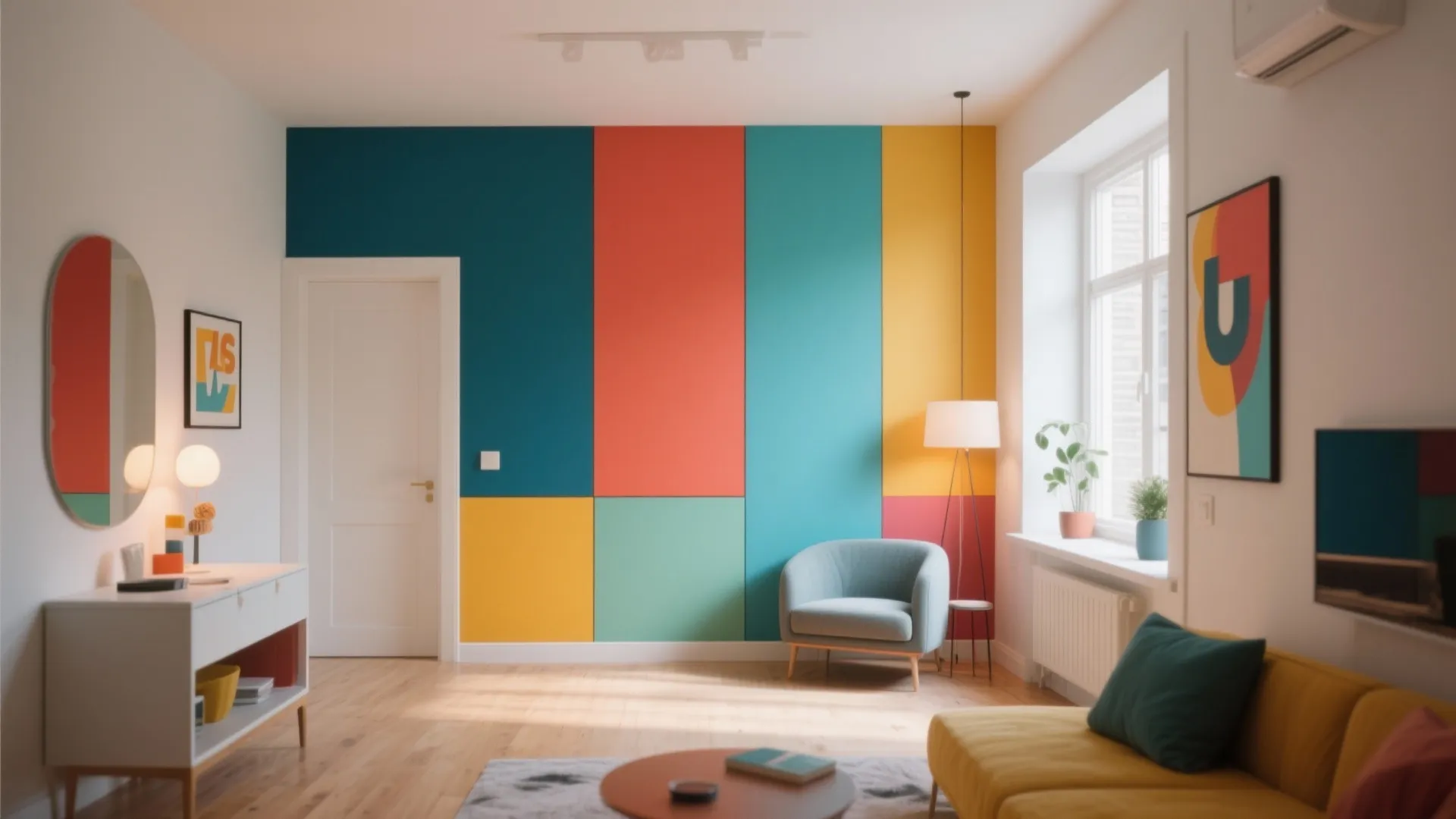 Modern living room featuring colorful wall panel blocks blue sofa yellow furniture and round wall mirror