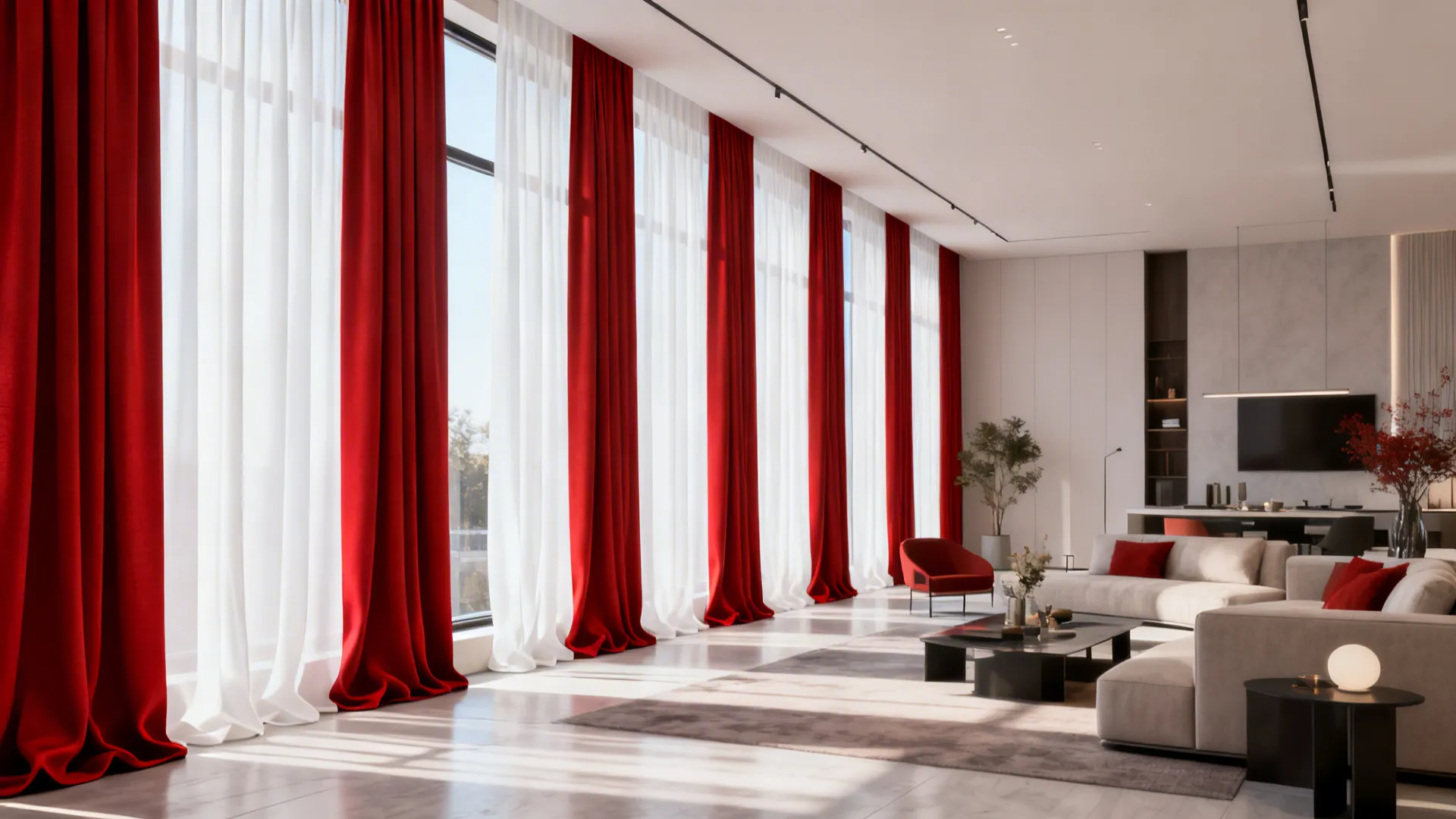 Open-plan living room with alternating red and white curtain panels along a long window.