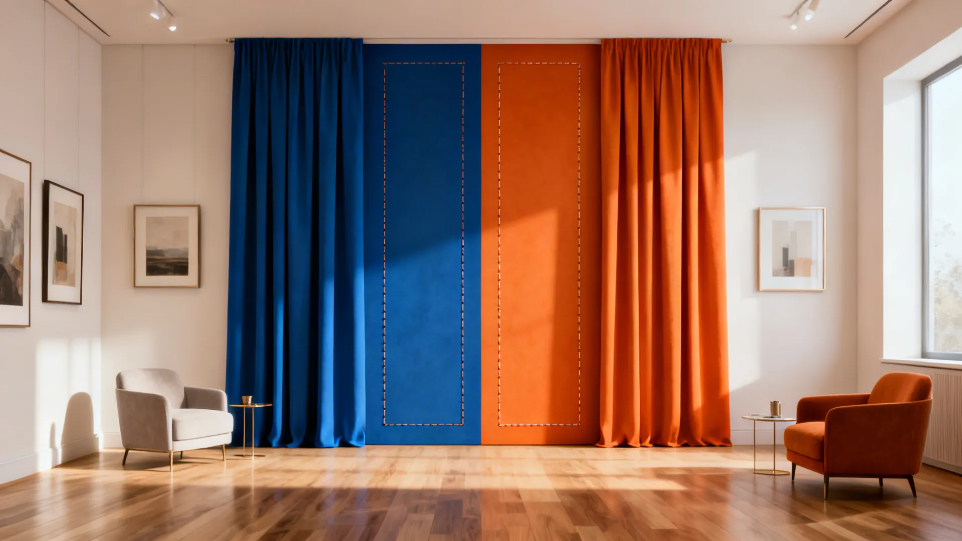 Living room with blue and orange wall panels and matching curtains plus grey and orange chairs