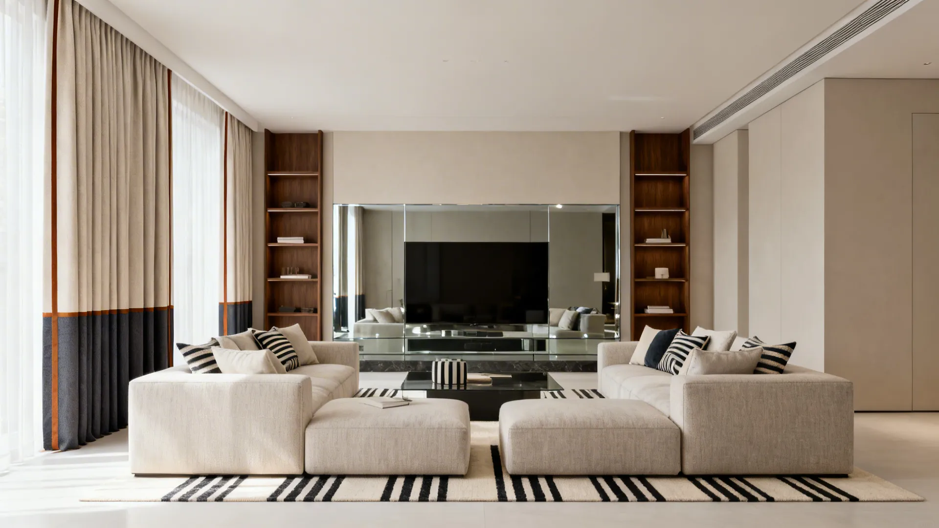 Living room with tall drapes featuring vertical banding that matches walnut shelving.