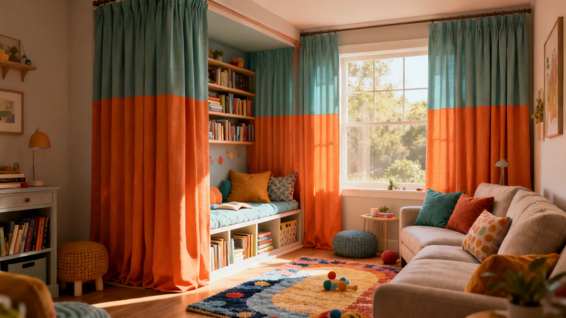 Studio living room using two-tone color-blocked curtains to define a reading nook from seating area