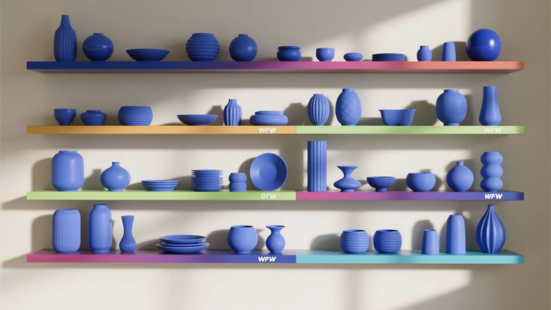 Four long wall shelves with colorful backgrounds displaying many different blue vases, bowls, and plates