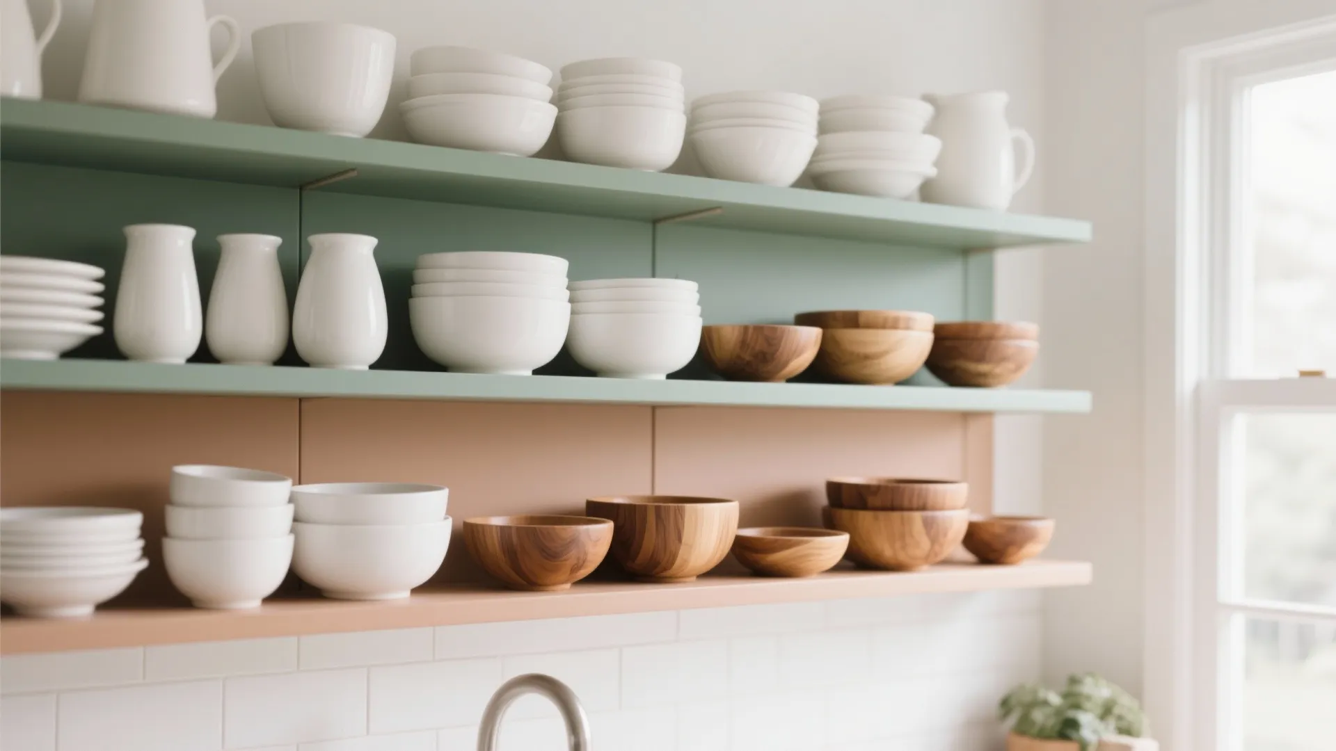 Colorful kitchen wall shelves in green and pink holding white ceramic bowls and wooden bowls