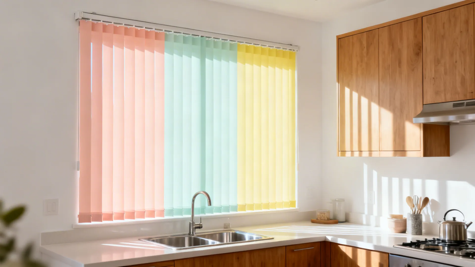 Pastel color-blocked vinyl blinds casting soft hues in a small kitchen.