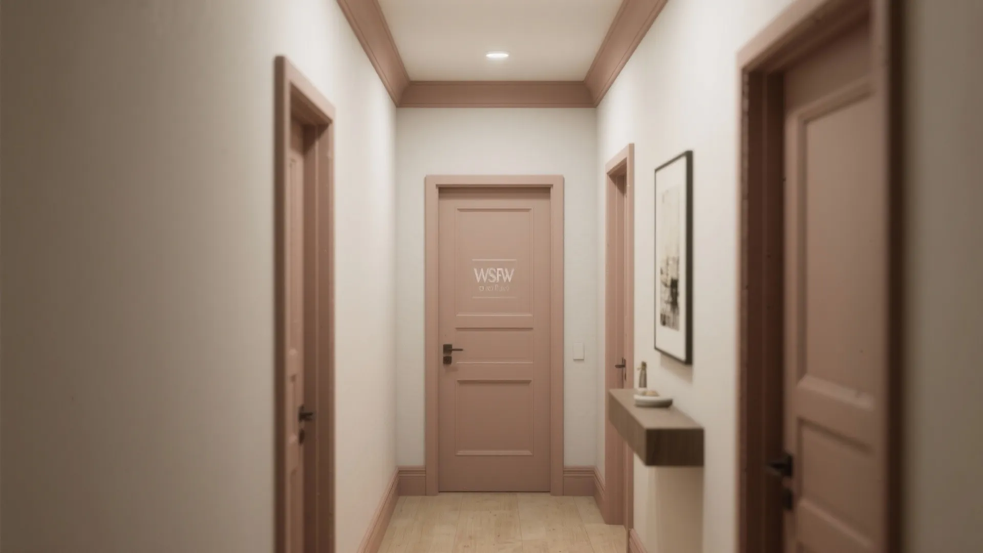 White hallway with pink wooden doors and matching wall panels on a light wood floor