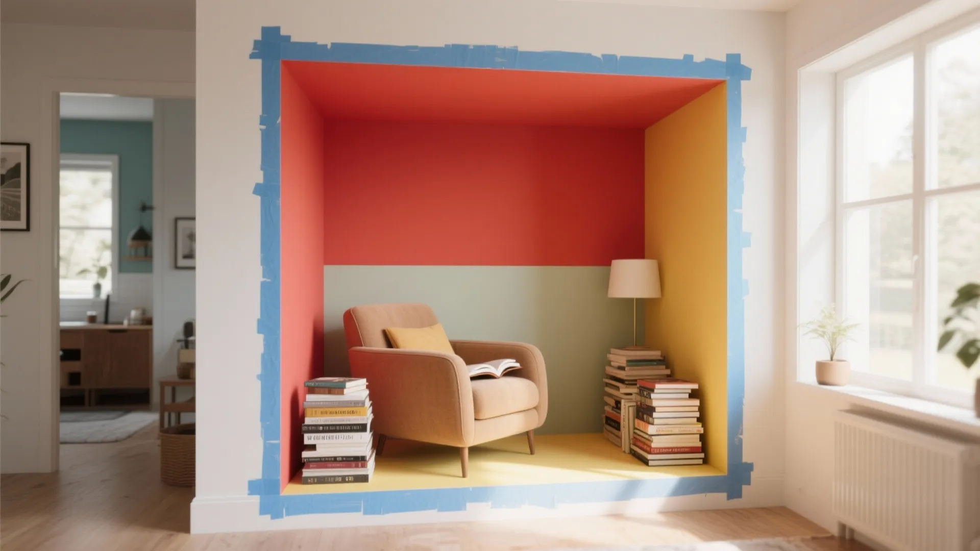 Modern reading nook with brown sofa chair plus stacks of books inside red yellow wall