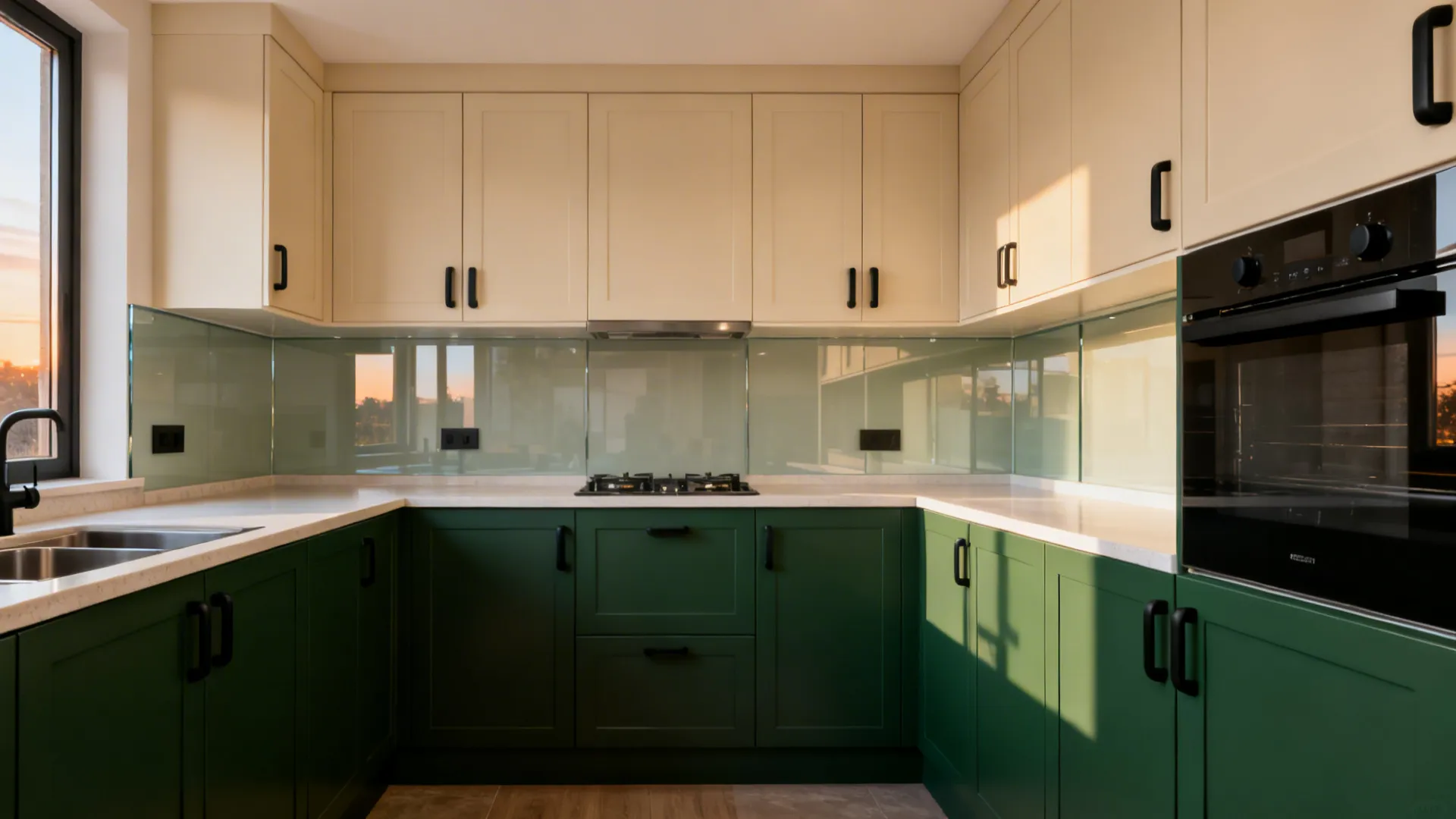 Compact kitchen with forest green sunmica lowers and sand-tone uppers, airy glass backsplash, simple hardware.