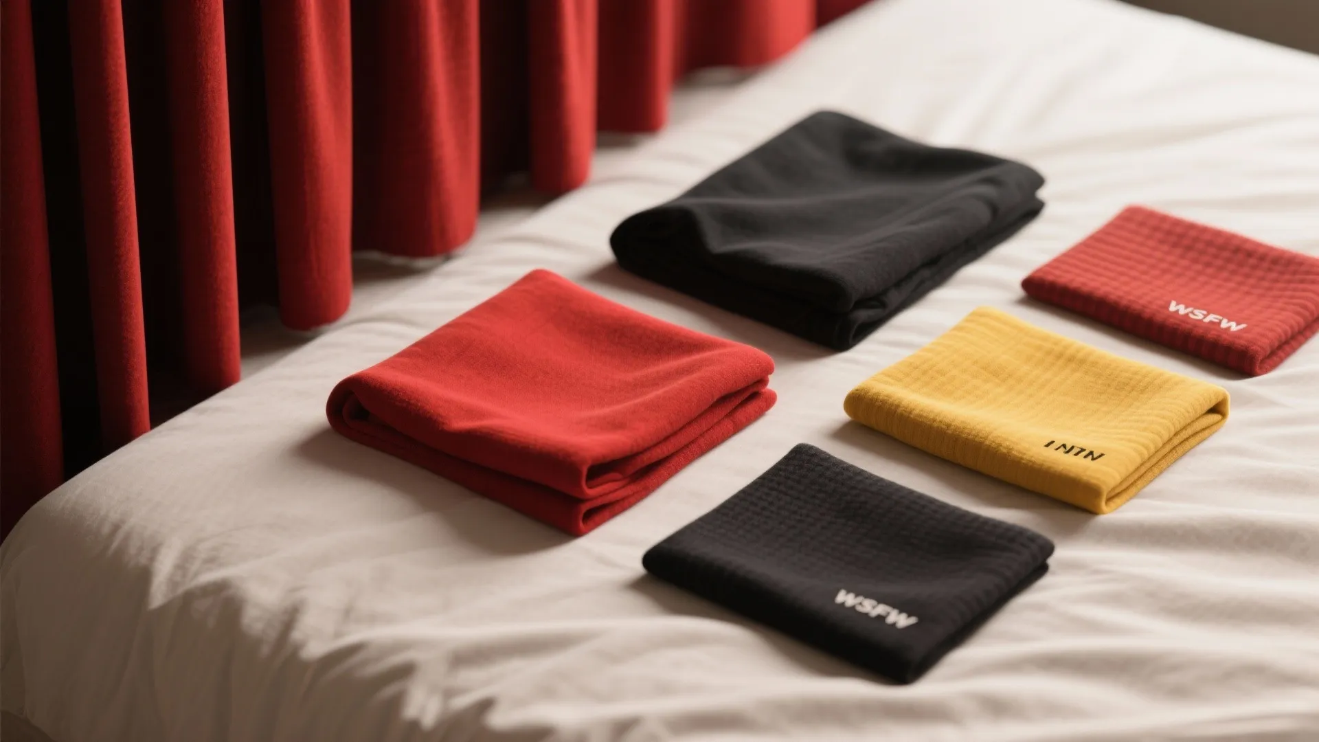 Red black and yellow towels folded neatly on white bed sheets near a red curtain