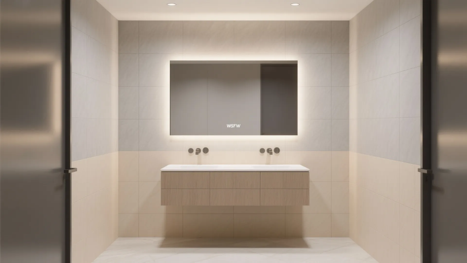 Modern bathroom interior design featuring wood cabinet double sinks large mirror and neutral wall tiles