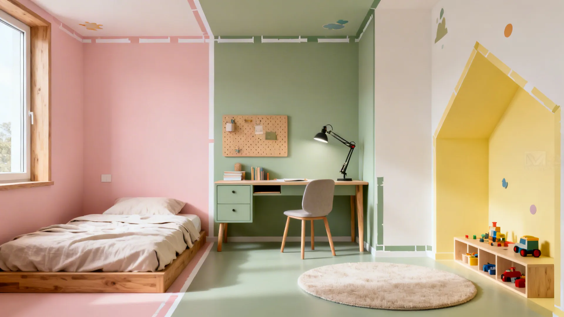 Blush, sage, and butter yellow color-blocked walls define sleep, study, and play zones in a tidy girl’s room.