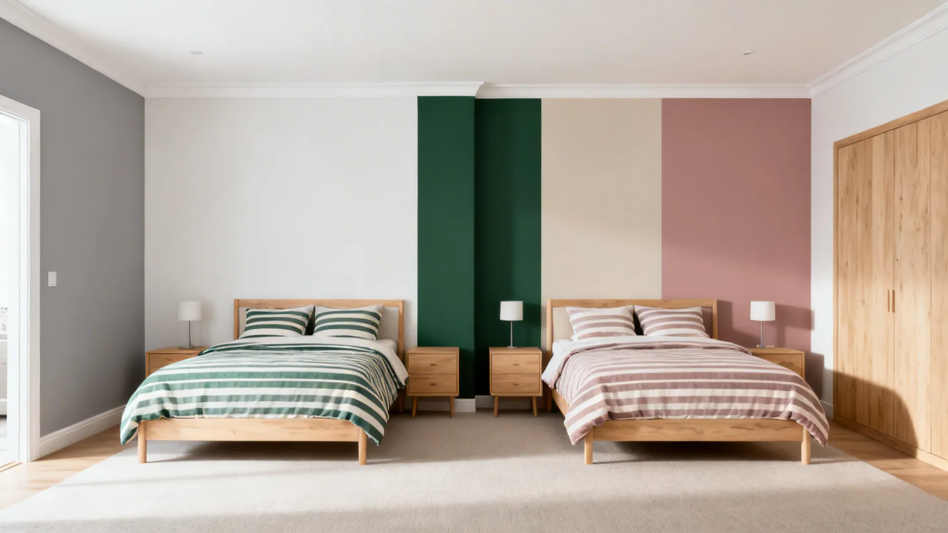 Neutral bedroom with forest green and dusty rose accent panels defining sibling zones.