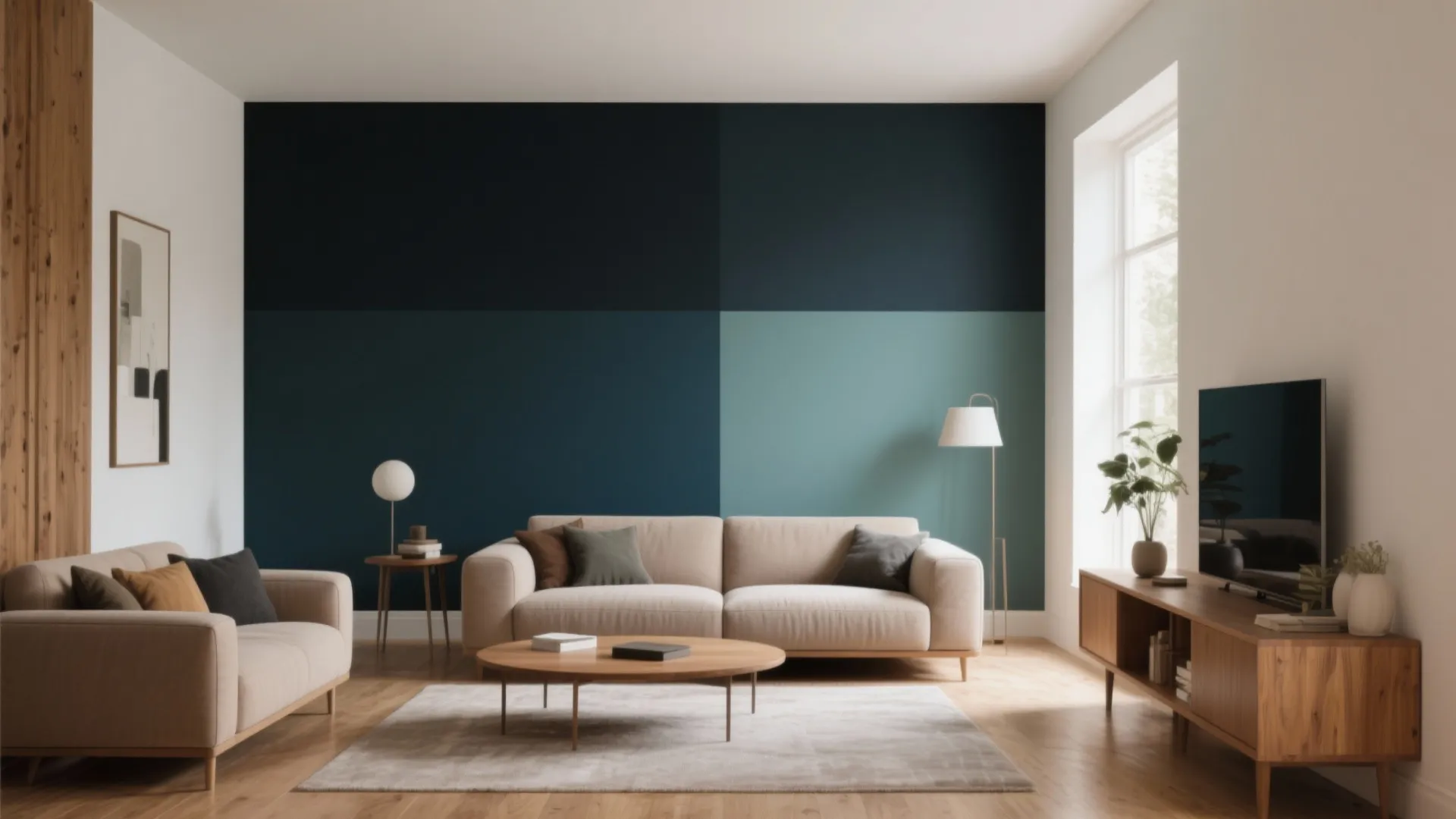 Living room with color blocked blue wall beige sofa wooden cabinet floor lamp and side window