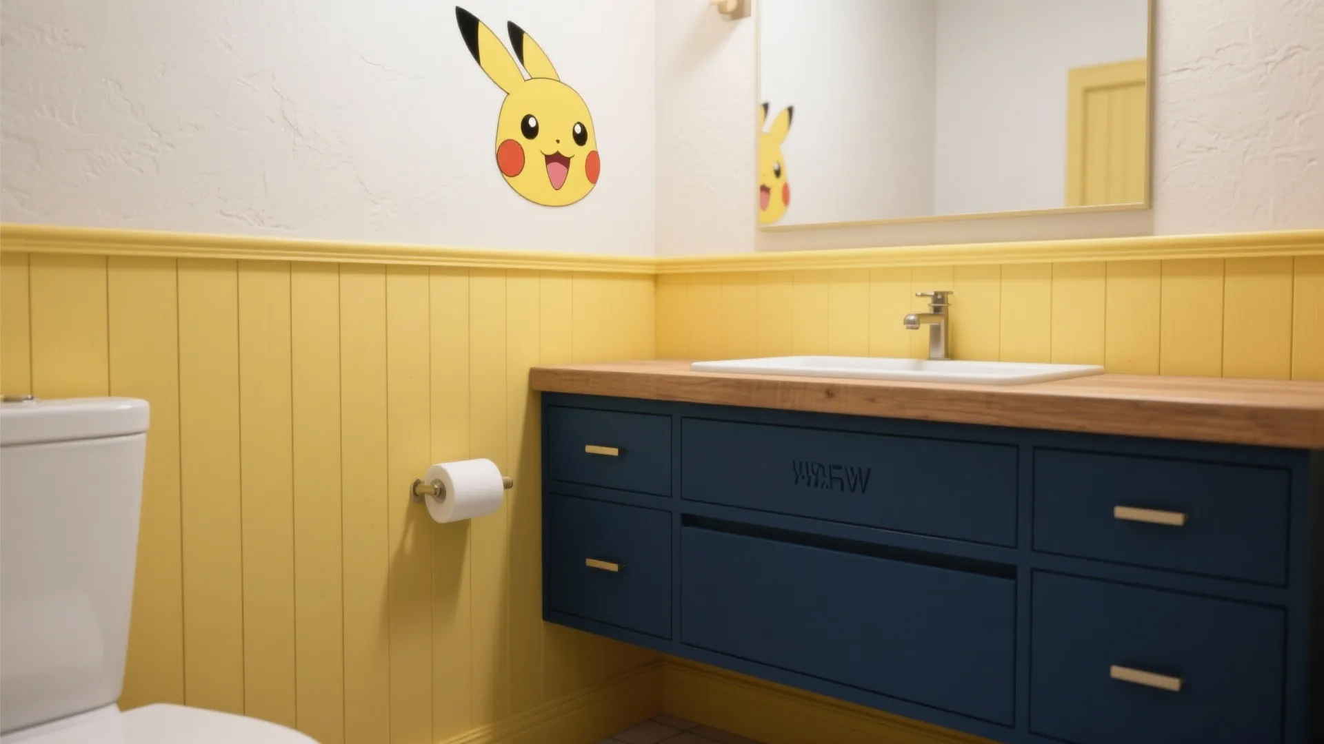 Small bathroom with navy lower vanity and soft yellow wainscot accents paired with natural wood countertop.