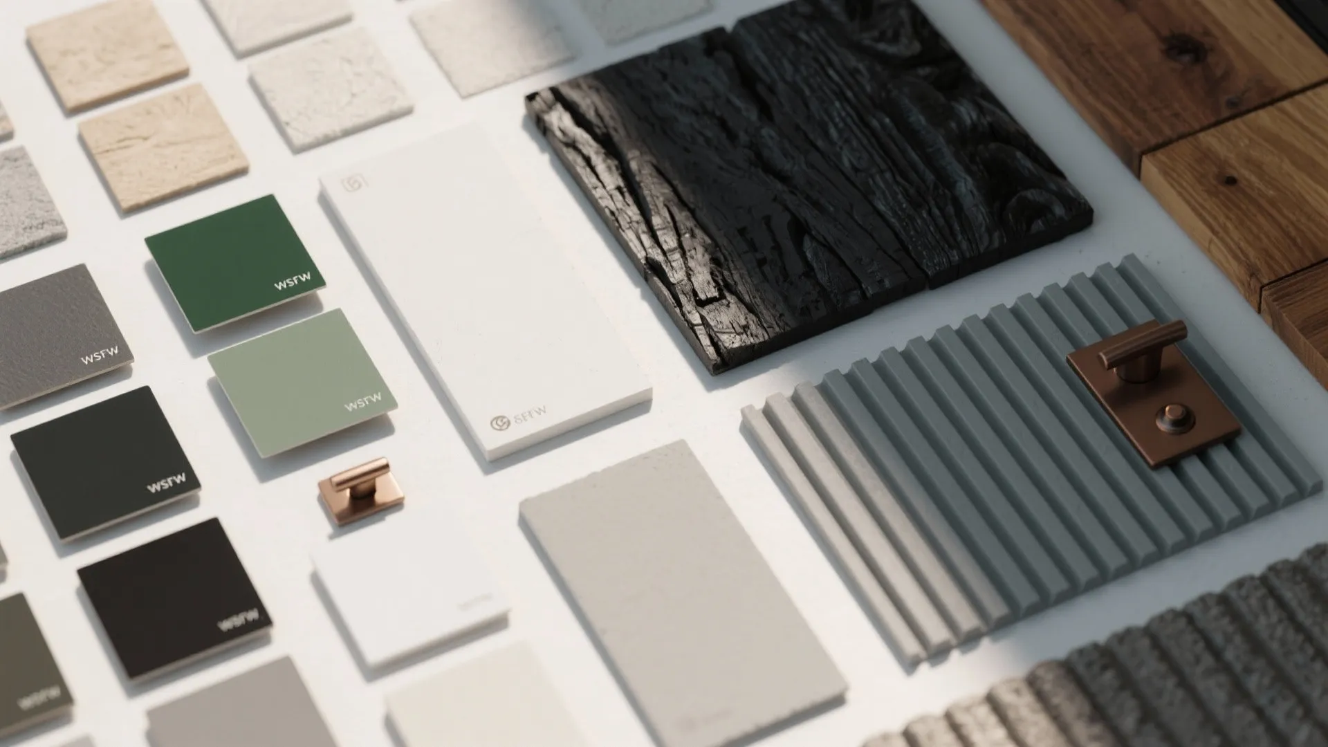 Interior design material board with wood samples green paint swatches stone tiles and metal handles