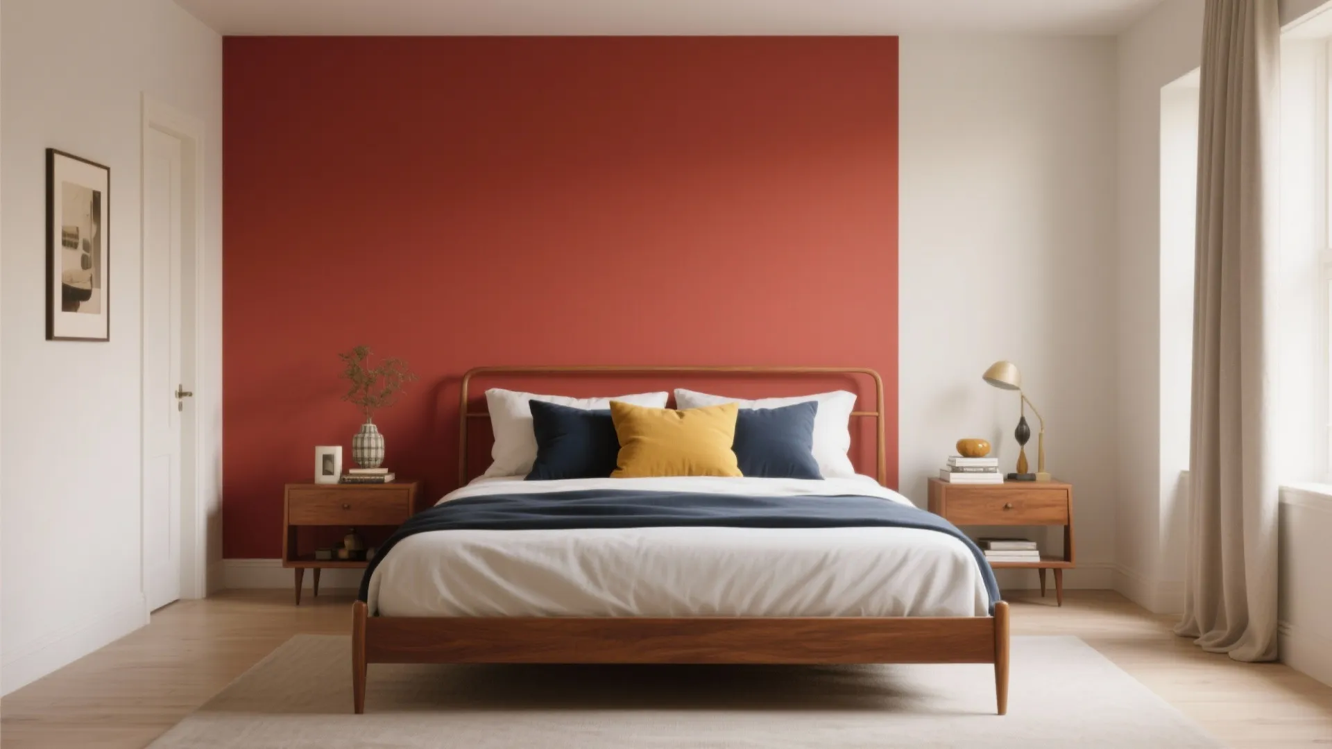 Minimalist bedroom featuring red accent wall, wooden bed frame, colorful pillows, and two bedside tables