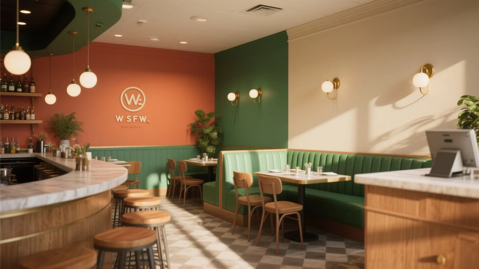 Modern restaurant interior with green booths wooden chairs orange wall panel wall lights and stools
