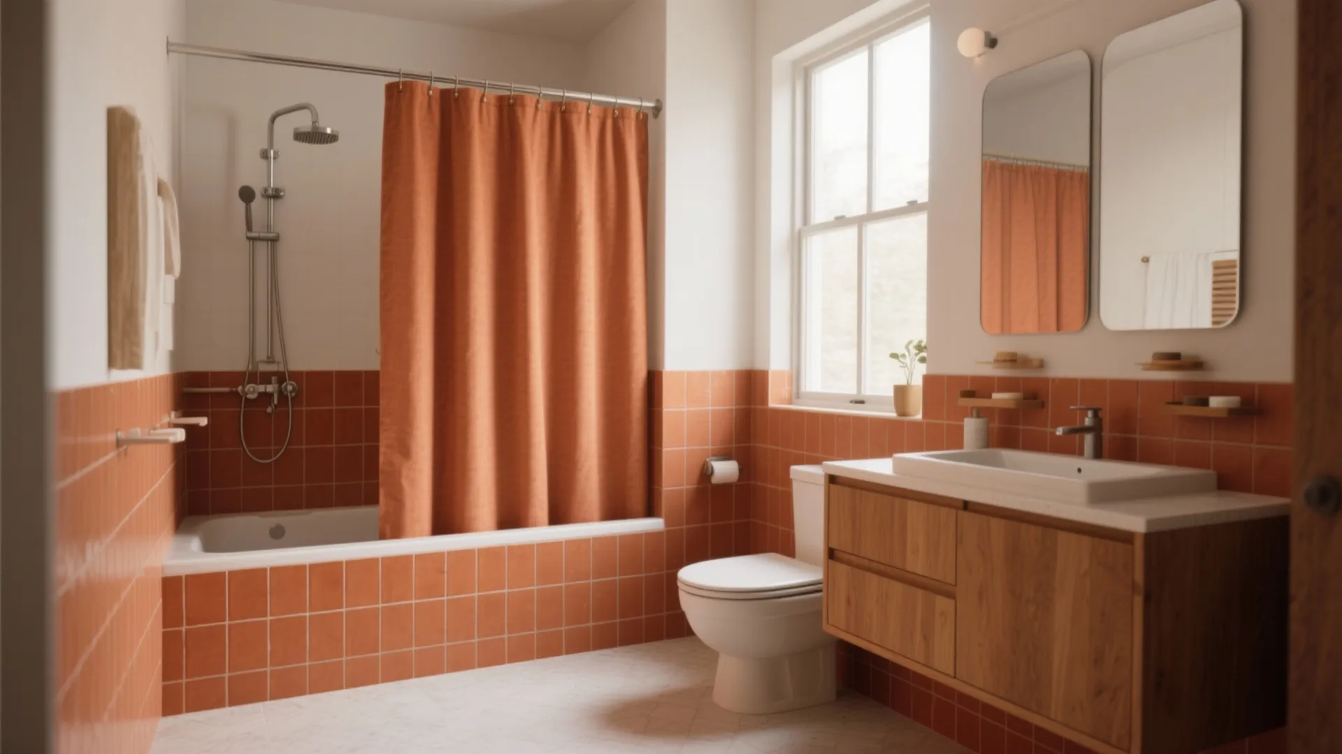Modern bathroom with orange wall tiles white bathtub wood cabinet and orange fabric shower curtain design