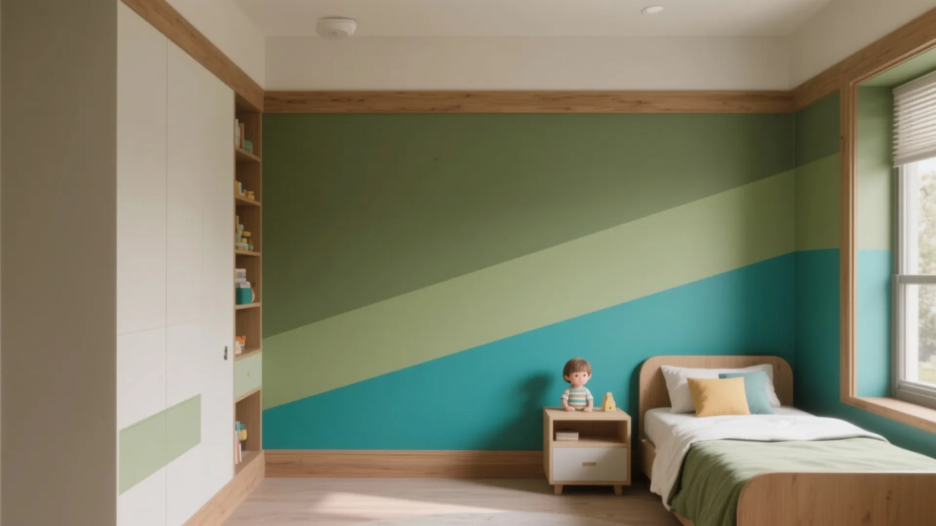 Bedroom showing olive green and deep turquoise color-blocking bands with neutral ceiling and wood trim.