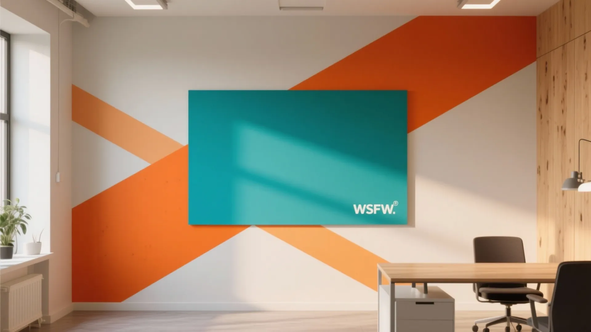 Office interior design featuring orange geometric wall paint and a large teal blue wall panel