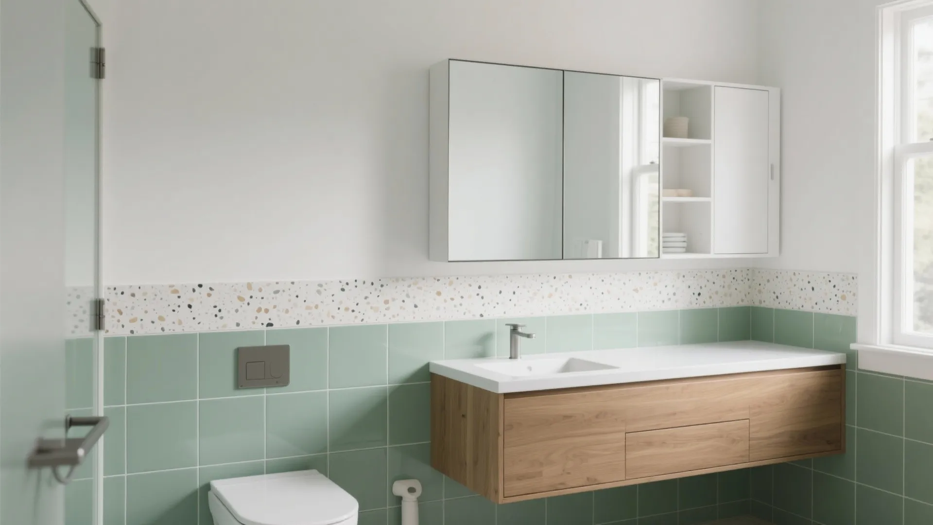 Bathroom interior design featuring green tiles, wooden cabinet, white sink, and mirrored wall medicine cabinet